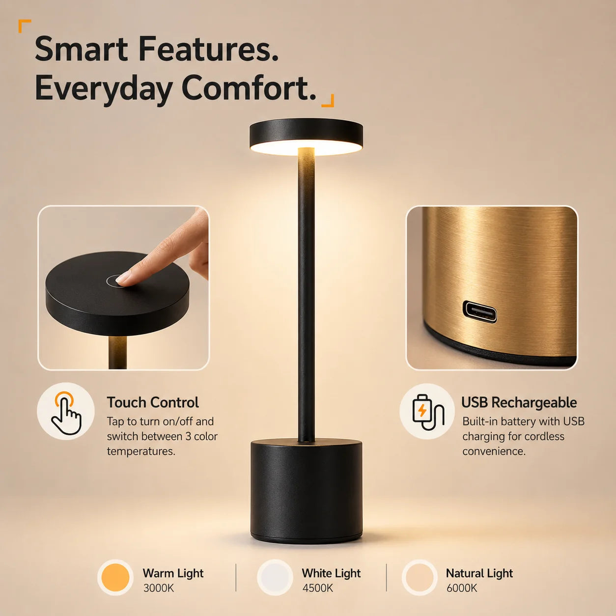 Lampe de table LED sans fil rechargeable – lampe de chevet tactile (3 couleurs)