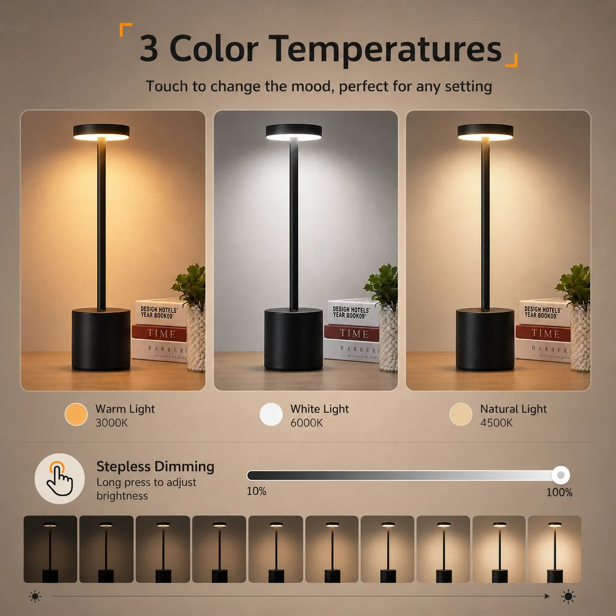 Lampe de table LED sans fil rechargeable – lampe de chevet tactile (3 couleurs)