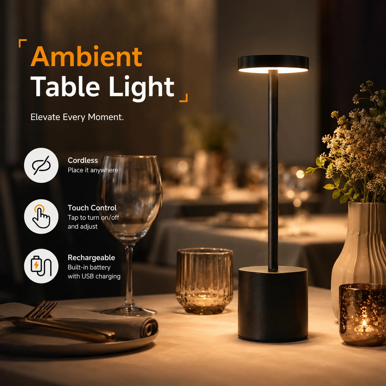 Lampe de table LED sans fil rechargeable – lampe de chevet tactile (3 couleurs)