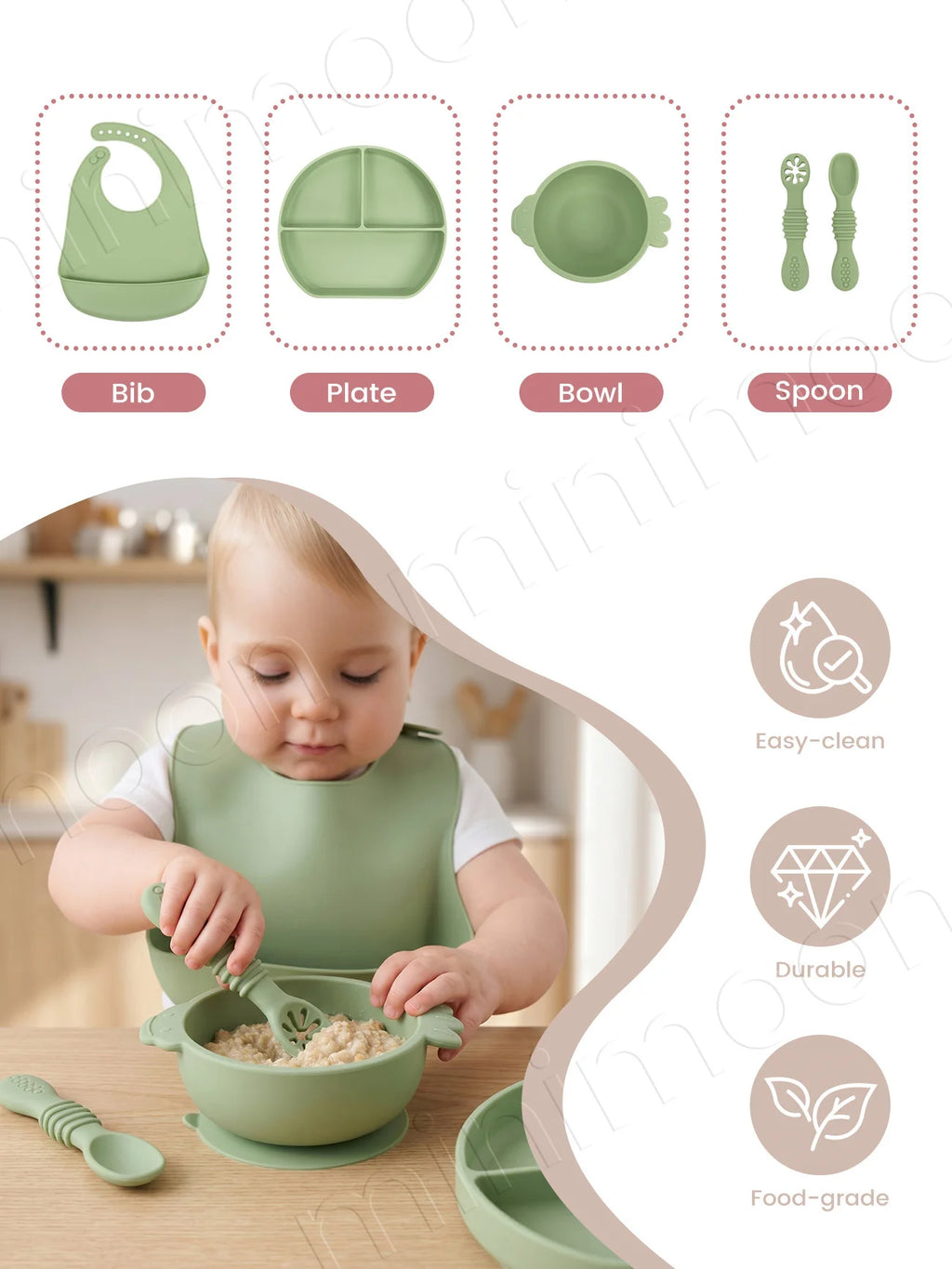 Set repas bébé en silicone – à ventouse – lot de 5