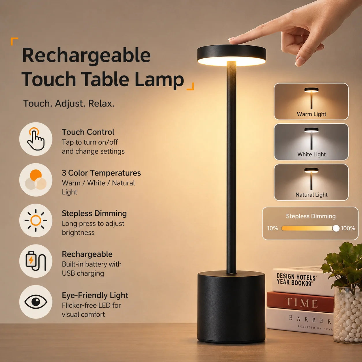 Lampe de table LED sans fil rechargeable – lampe de chevet tactile (3 couleurs)