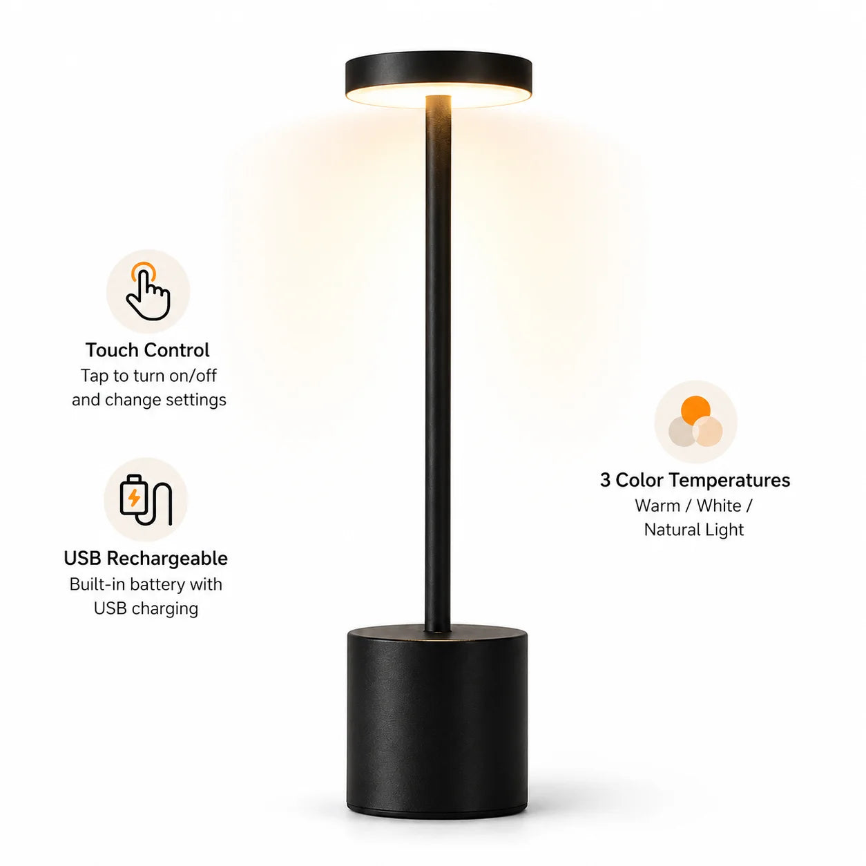 Lampe de table LED sans fil rechargeable – lampe de chevet tactile (3 couleurs)